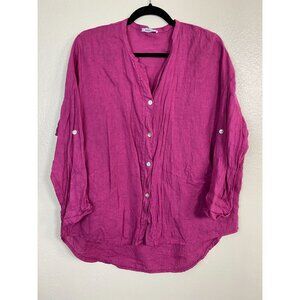 Adilynn Womens Pink Button Up Linen Top size Medium Italy Long Sleeves‎ Roll Tab